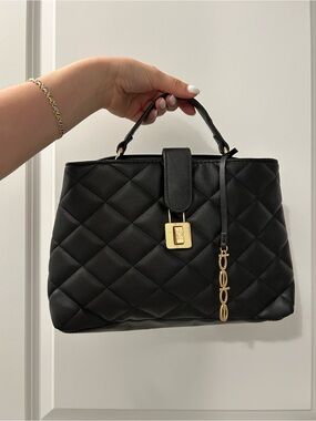 bebe Black Quilted Top-Handle Satchel with Gold Hardware